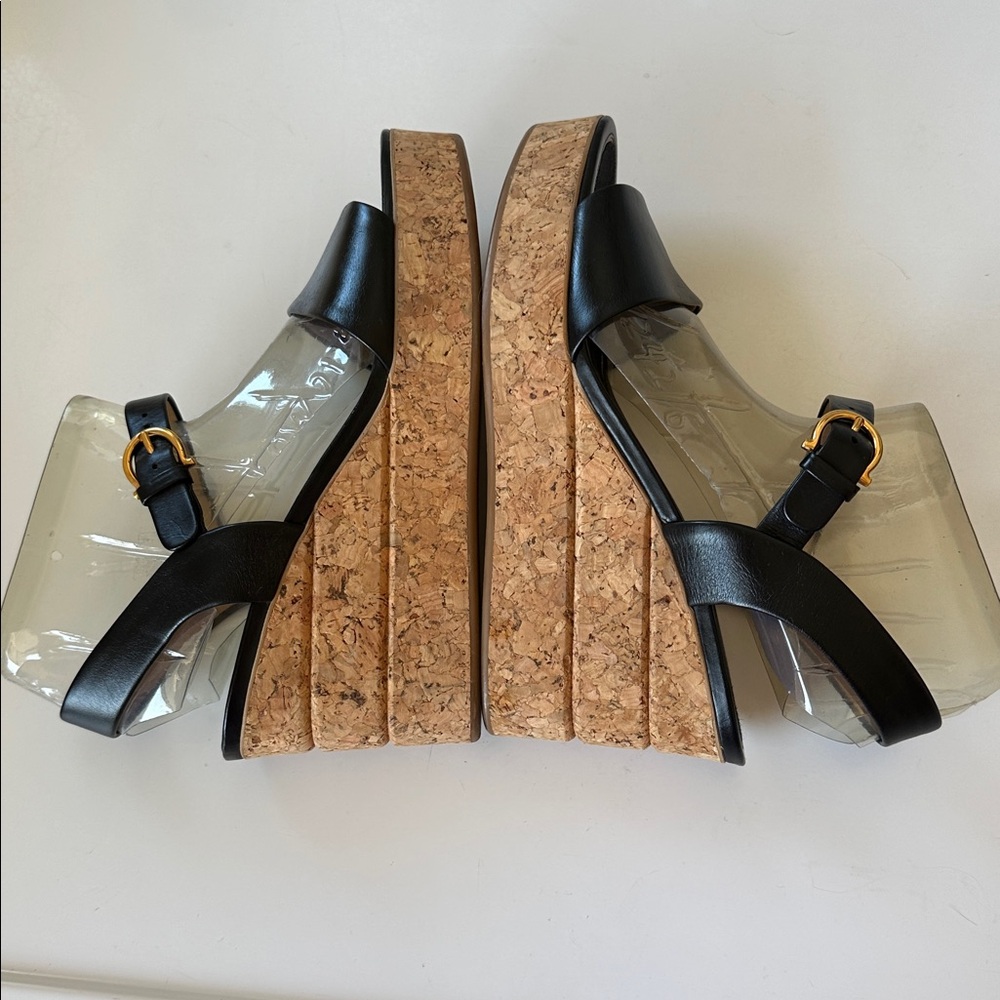 Salvatore Ferragamo Black Leather Cork Wedge Platform Sz 6 Sandals Made in Italy - Picture 5 of 16